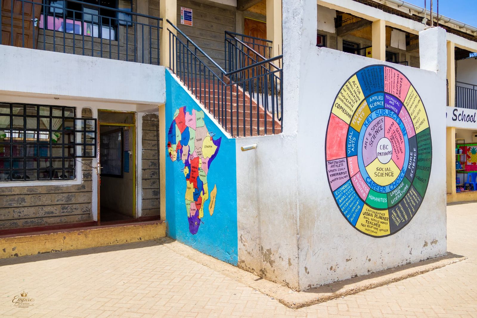 Hand-painted CBC pathways career wheel and map of Africa on the school walls