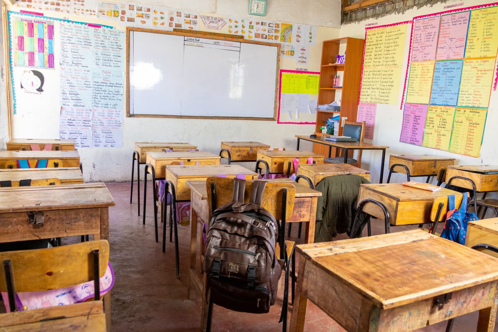 The Grade Four classroom with Kiswahili and English learning charts